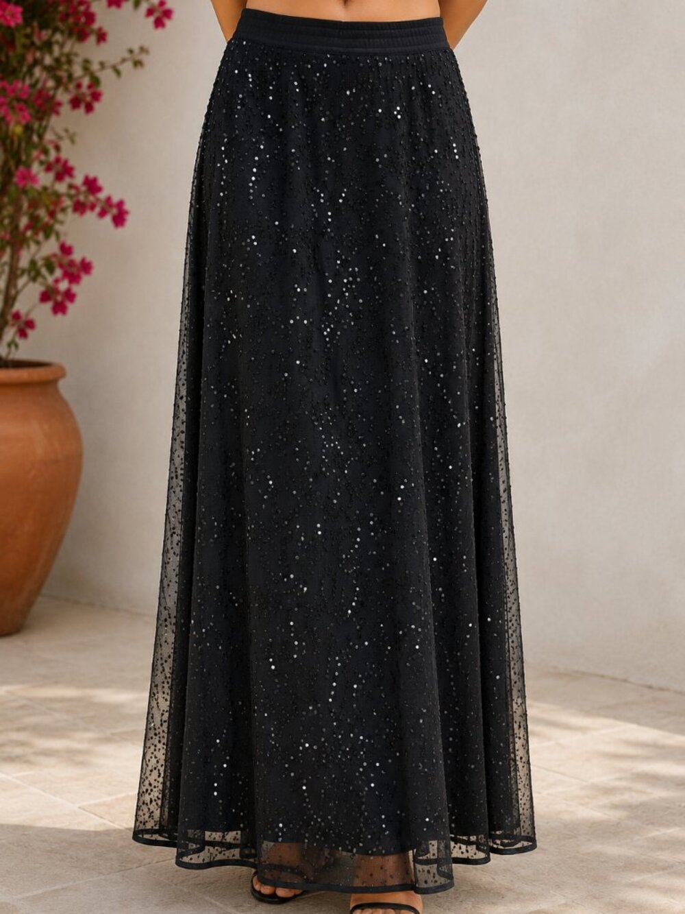 Soft Surroundings Black Sequin Beaded Maxi Skirt Sheer Overlay‎ Women's TL